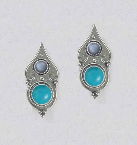 Sterling Silver Gothic Look Post Stud Earrings With Turquoise And Grey Moonstone